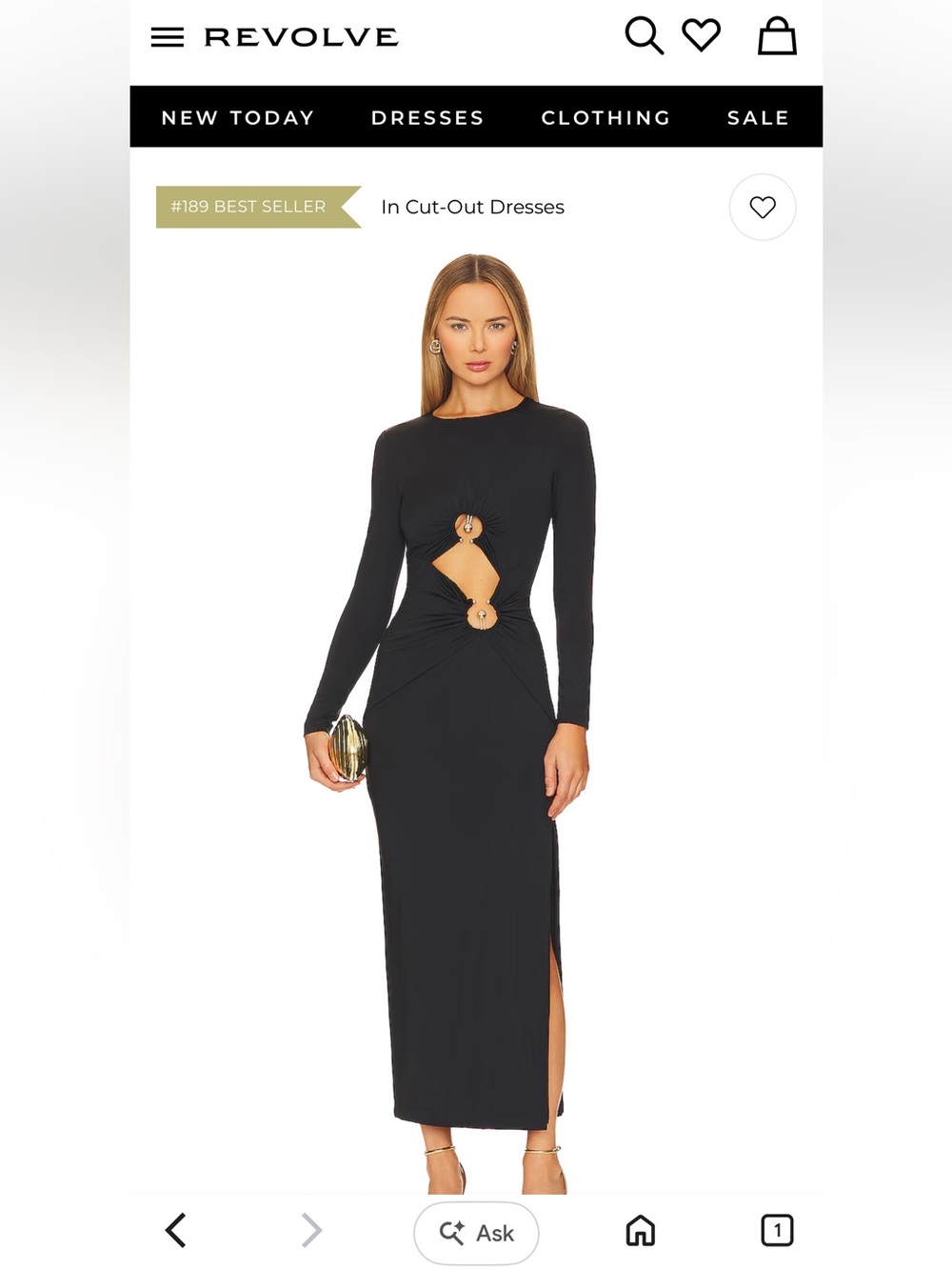 Bardot Black Long-Sleeve Cutout Maxi Dress with Ring Details